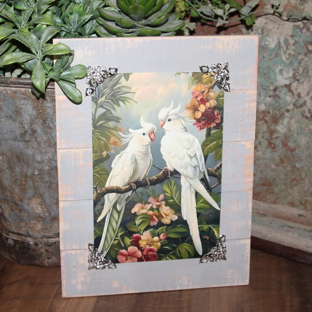 NEW Colorful Shabby White Cockatoo Bird & Tropical Floral Wall Decor Art